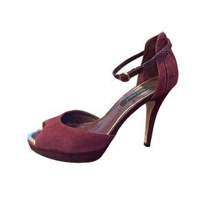 White House Black Market Burgundy Suede Peep Toe Ankle Strap Heels Sz 9M Dressy
